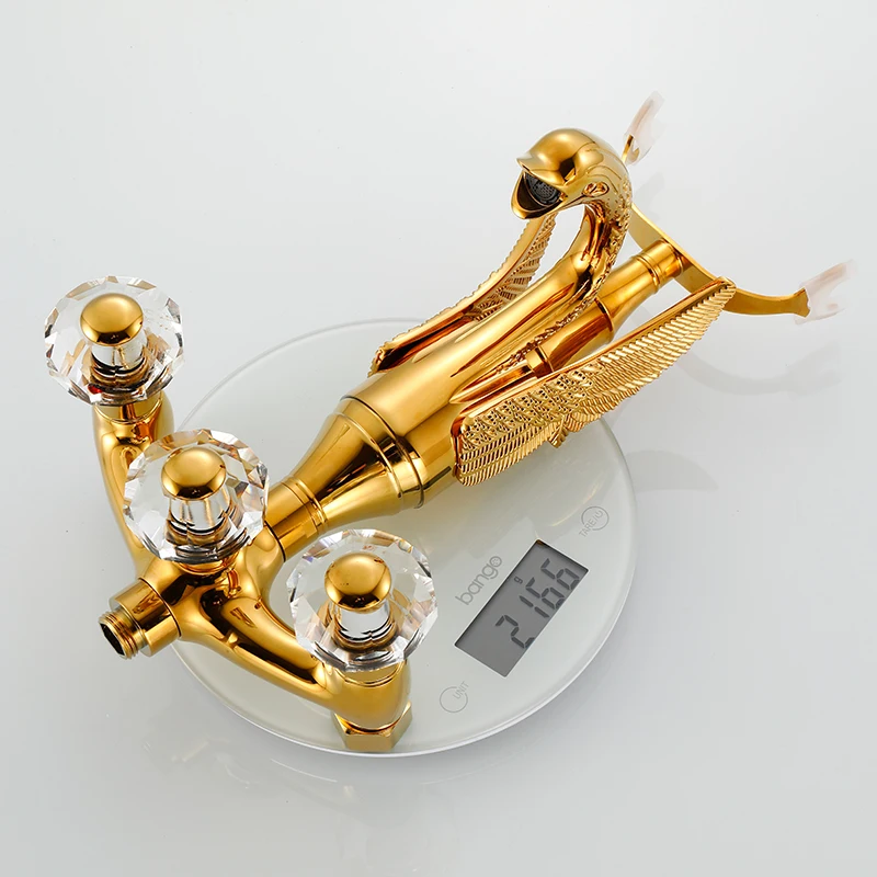 Onyzpily Gold/Antique Brass Washroom Bathtub Faucet Wall Mounted Swan Faucets Dual Handle Control Crystal Grip 4