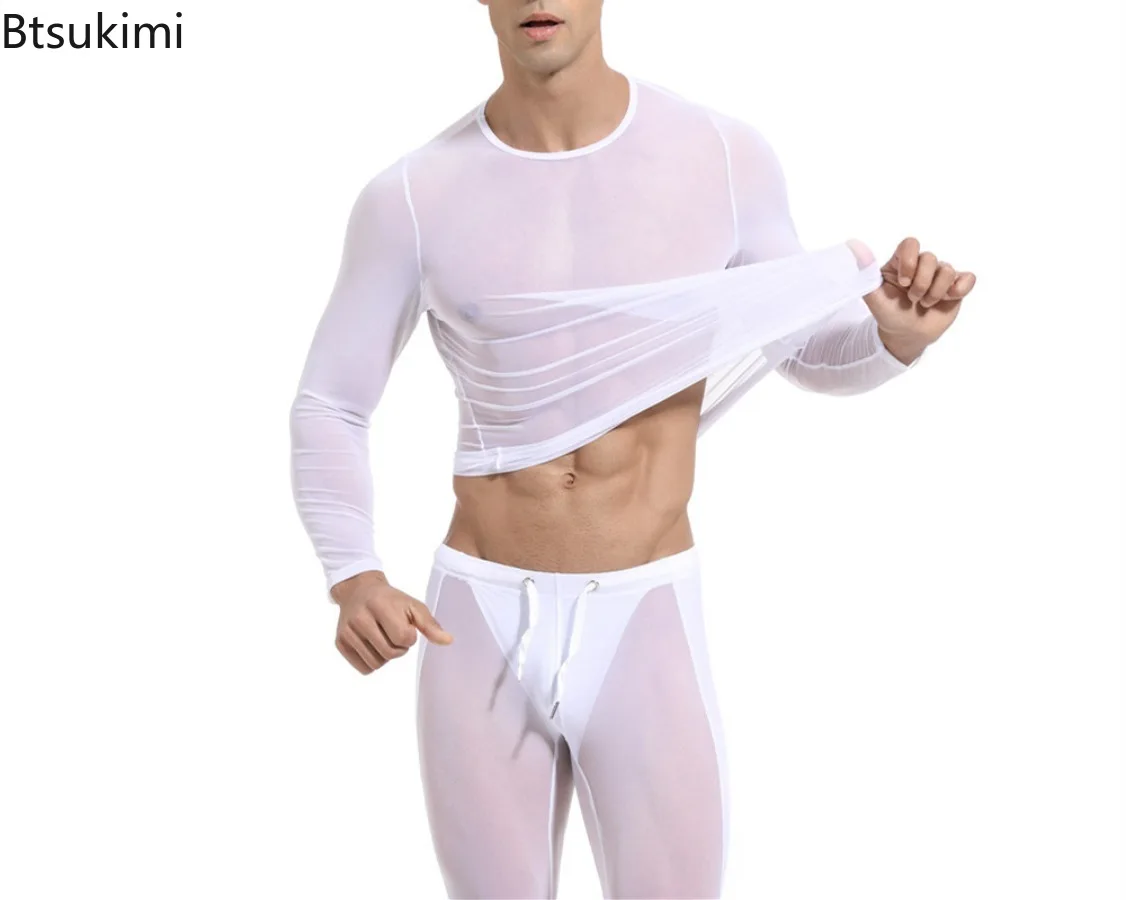 T-shirt da uomo sexy in rete 2026, elasticizzate, trasparenti a manica lunga, top sportivi da uomo, maglie a compressione per fitness, abbigliamento da palestra trasparente - immagine 4