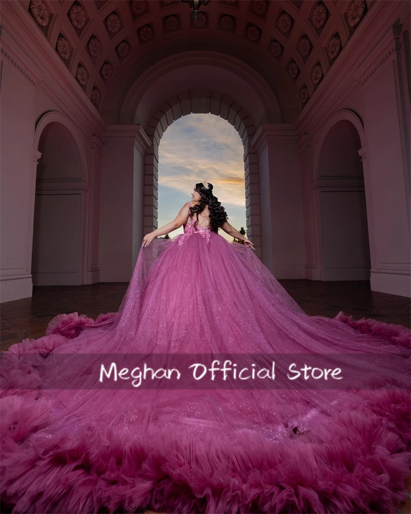 Fuchsia O N Quinceanera Dresses Ball Gown Bead Appliques Birthday Luxury Dress Ruffles Graduation Gown Sweet 15 Customized