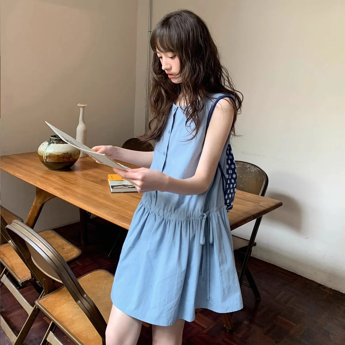 Summer New Women's Cotton Lin Dr Dstring Waist Loose round Ne Doll Vest Skirt Korean Sle Commute Sle ort Skirt - Image 2