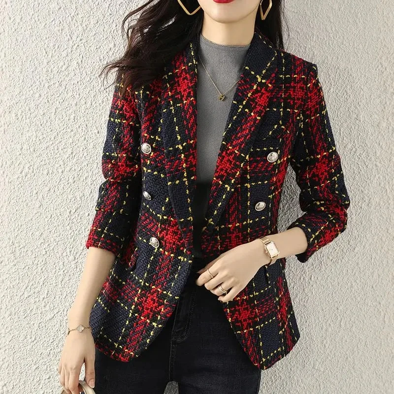 

High-End Tweed Blazer Small Fragrance Women Vintage Plaid Short Suit Jacket Fashion Slim V-Neck Double Breasted Blazers Female