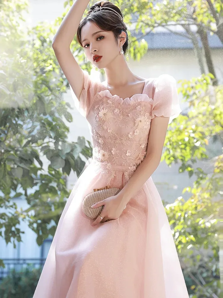 

Pink Dress Women Summer Solid Color Lace Nailed Beaded Square Collar Short Sleeve Long A-line Skirt Elegant Female Clothing M131