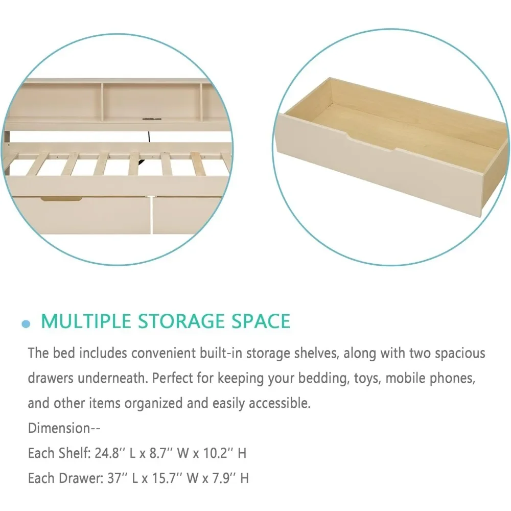 Full Size Wood Daybed with Storage Shelves Built in Desk Under Bed Drawers Charging Station and Upholstered Headboard 3