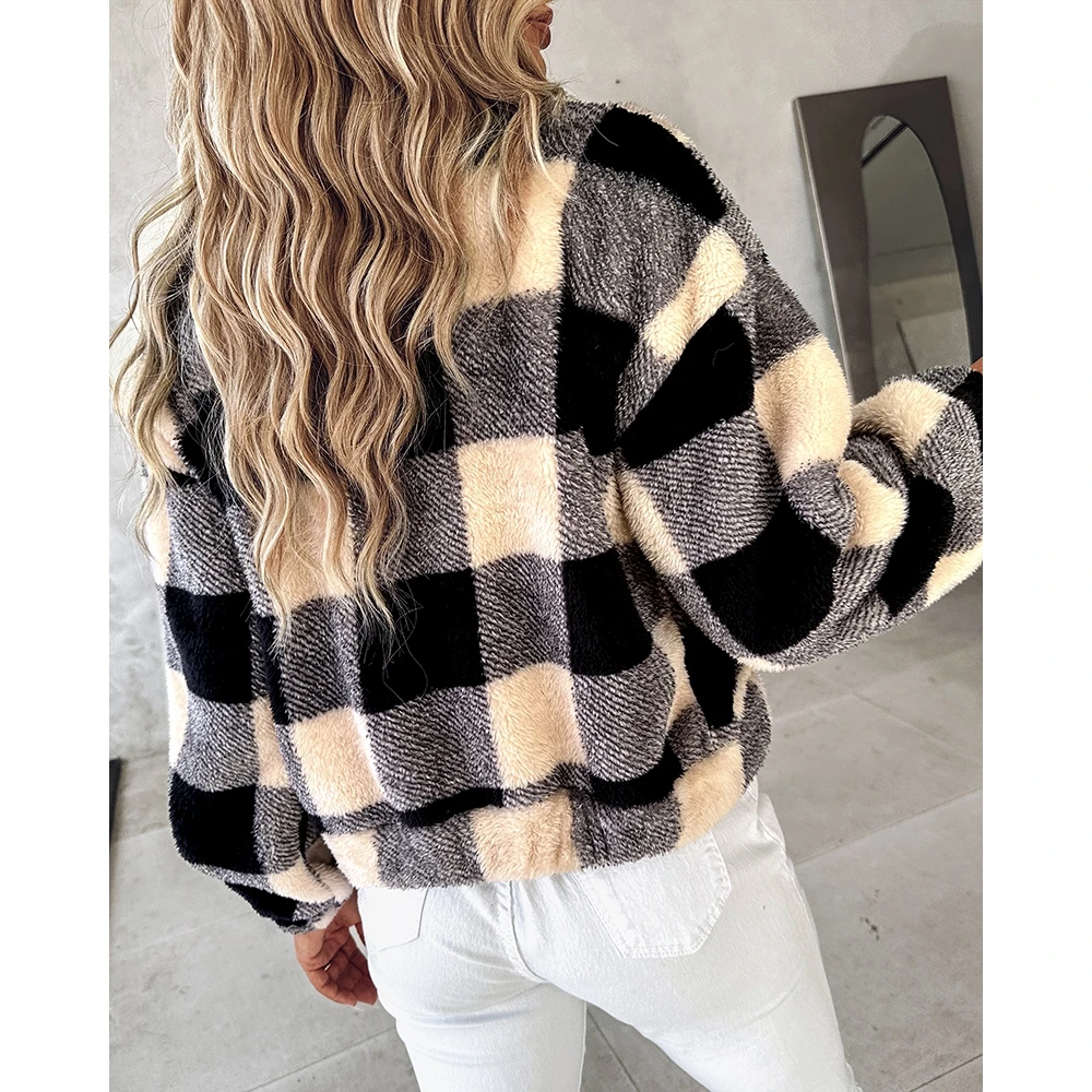 Autumn Winter Casual Women Plaid Print Colorblock Fleece Teddy Long Sleeve Coat Femme Pocket Design Turn-down Collar Jackets