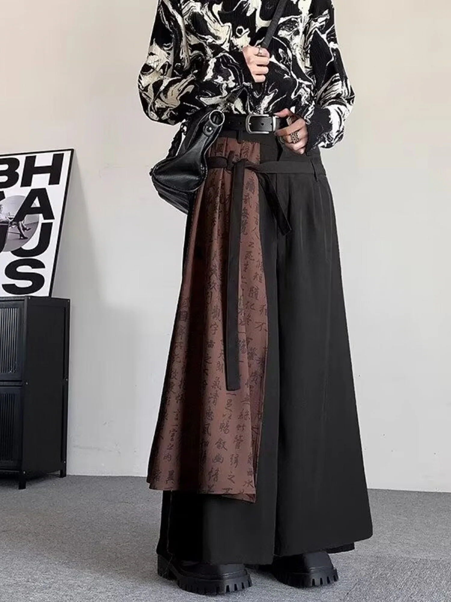 New Chinese Style National Style Han Elements Retro Calligraphy Cutting And Splicing Wide Leg Skirts And Pants Western Pants