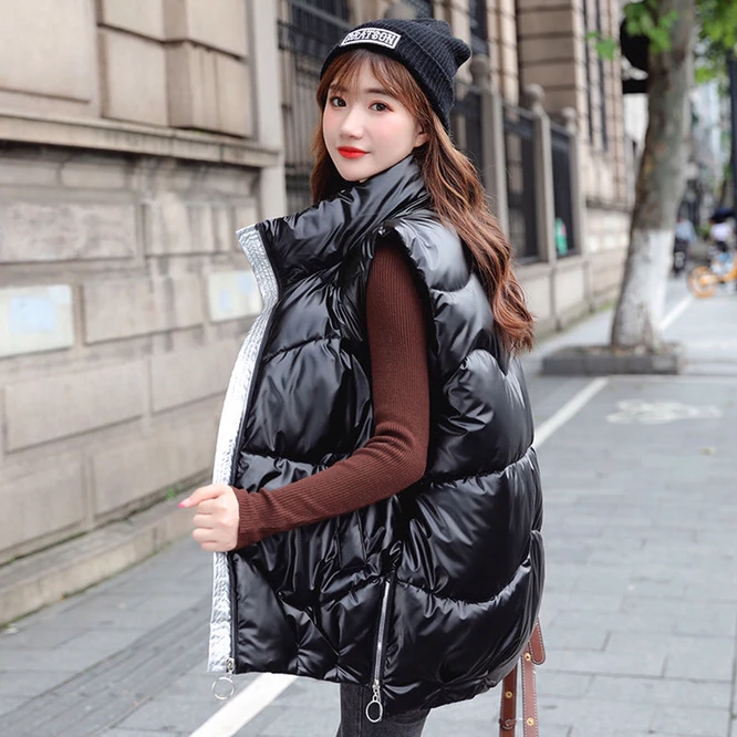 2022 Autumn Winter Down Cotton Women's Slim Vest Korean Bright Fabric Girl's Outdoor Warm Coat Student Leisure Gray 7