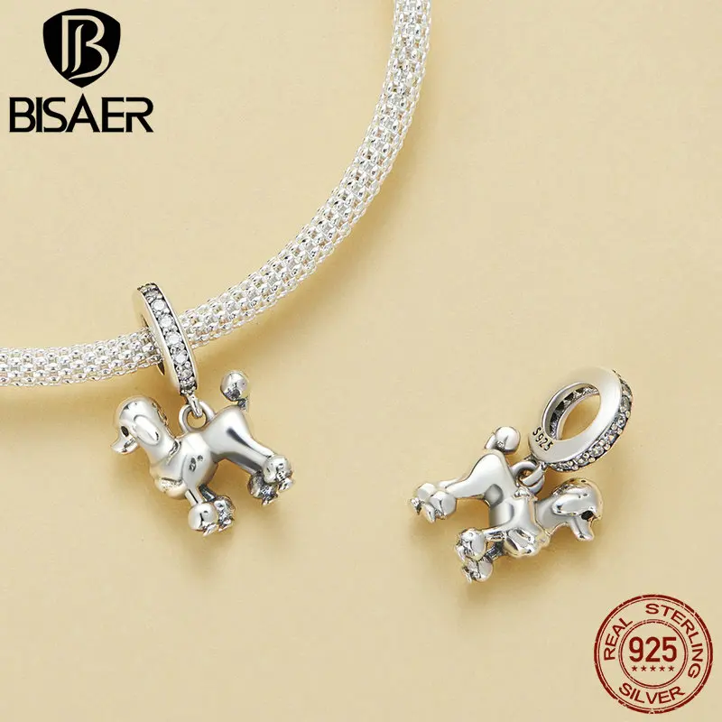 BISAER 925 Sterling Silver Golden Retriever Dog Charm Bead Pink