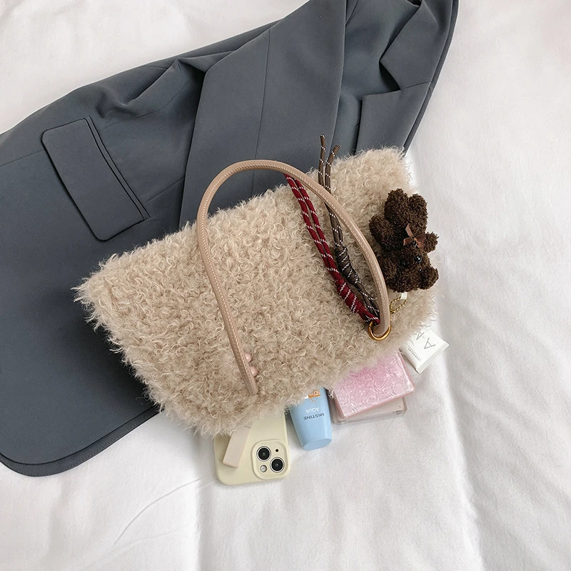Luxus Lamm Woolen Handtasche Geldbörse Kupplungen Frauen Tasche 2024 Winter Neue Große Kapazität Unterarm Schulter Tasche Dame Warme Plüsch Tasche – Detail 27