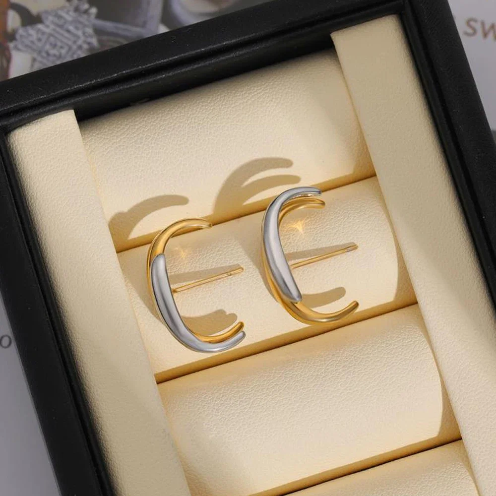 Gold&silver Double Color Small Stud Earrings Piercing Earclip for Women Charm Stainless Steel Waterproof Unique Jewelry Brincos