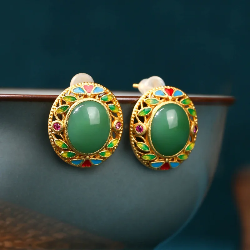 

Chinese Imitation Hetian Jade Jewelry Female Oval Hollowed Out Vintage Traditional Earrings Fashion Accessories Mother Gift