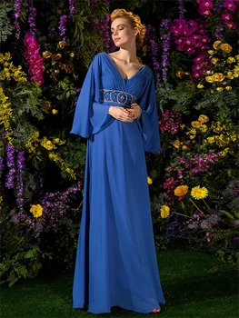 Abito per la madre della sposa personalizzato Ispirato vintage Scollo a V Lunghezza pavimento Chiffon Manica lunga con cristalli Perline Drappeggio laterale
