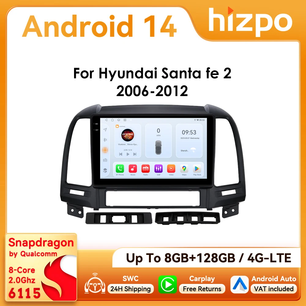 9" Hizpo 2Din CarPlay Android Auto Autoradio für Hyundai Santa Fe 2 2006 - 2012 Snapdragon 6115 GPS RDS DSP BT 4G SWC 360 ° CAM
