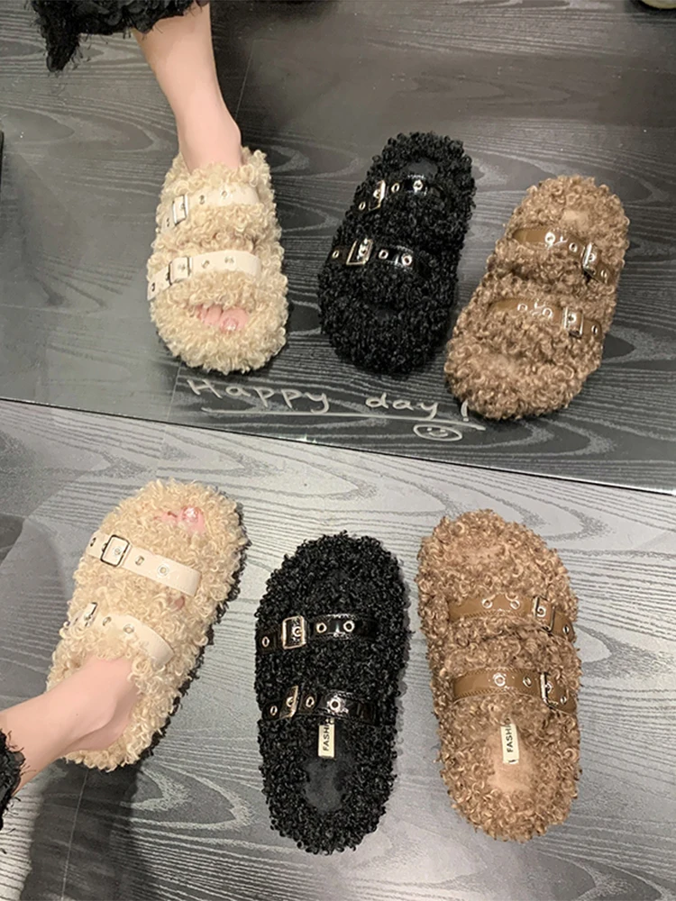 

Fur Shoes Womens Slippers Outdoor Platform Luxury Slides Pantofle Med Flock Plush Flat Designer 2023 Rubber with fur