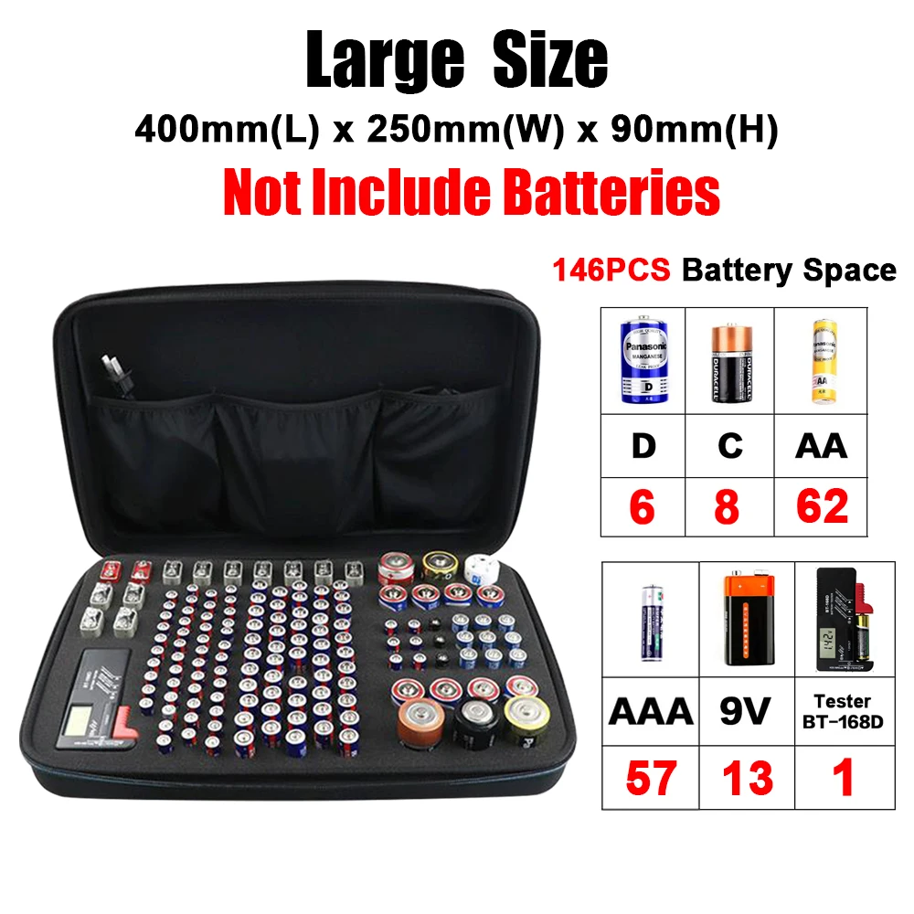 Portátil Rígido Eva Shockproof Battery Organizer Estojo de Armazenamento Box Holder Container Tester para Battey aa Aaa c d 9v 3v Lr44 146 Pcs - Image 3