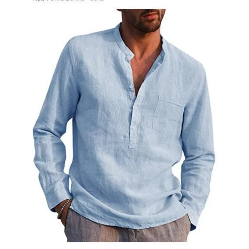 

Summer New Casual Loose Fitting Men Long Sleeve Shirt Fashion V-neck Mens Top Breathable Cotton Hemp Male Beach Shirts