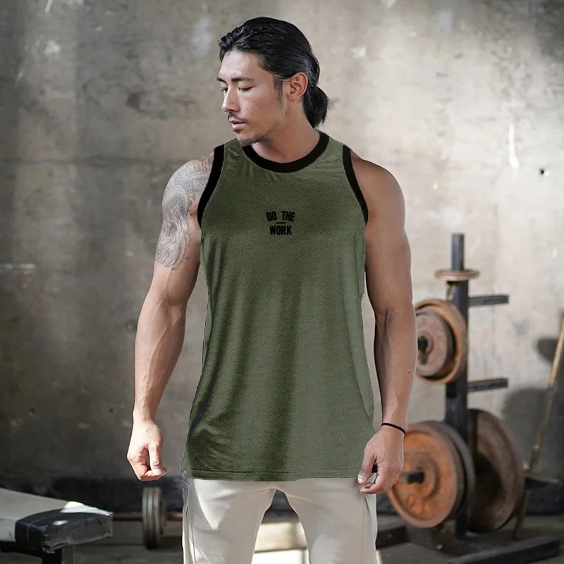 

Gym Bodybuilding Tank Top Fitness Running Sportswear Men Fashion Print O-neck Vest Summer Sleeveless Quik Dry Mesh Muscle Shirt