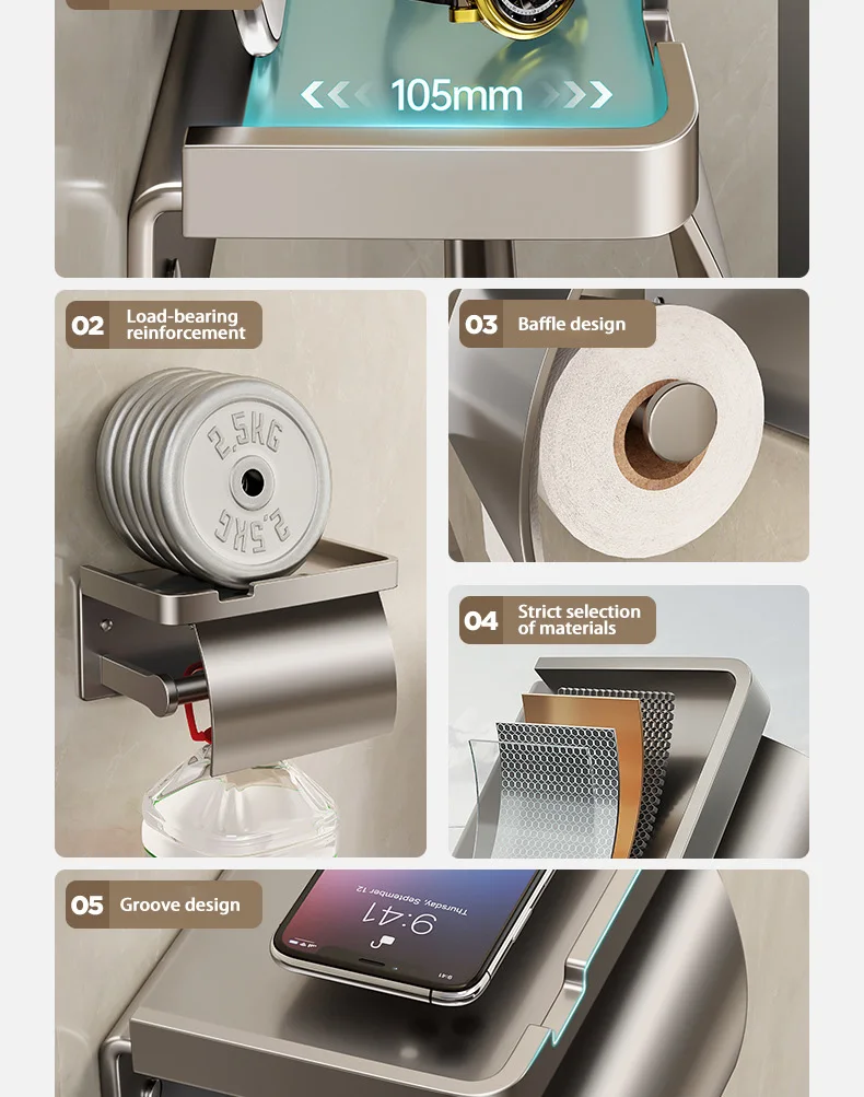 A collage of images showcases the Bathroom Tissue Holder Wall-Mounted Aluminum Holder, which features a top layer for storing items, a load-bearing design with weights, a baffle that holds a toilet roll, close-up views of its materials, and a grooved space for placing your phone.