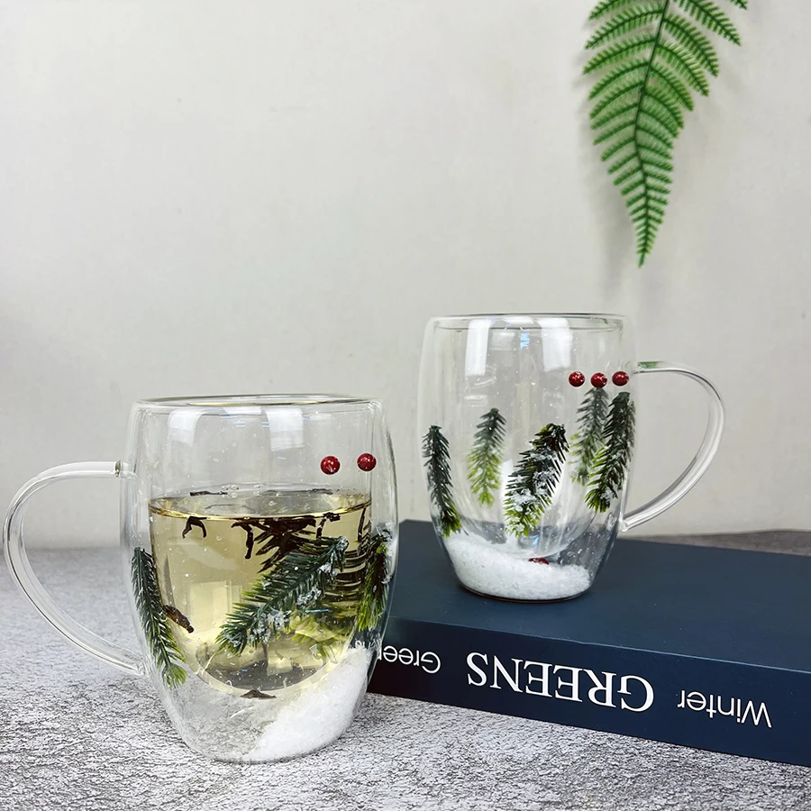 250/350ml 1/2pcs Christmas Tree And Snow Double Wall Clear Glass Cup Heat-resistant Coffee Milk Mug Tea Espresso Cup Gifts