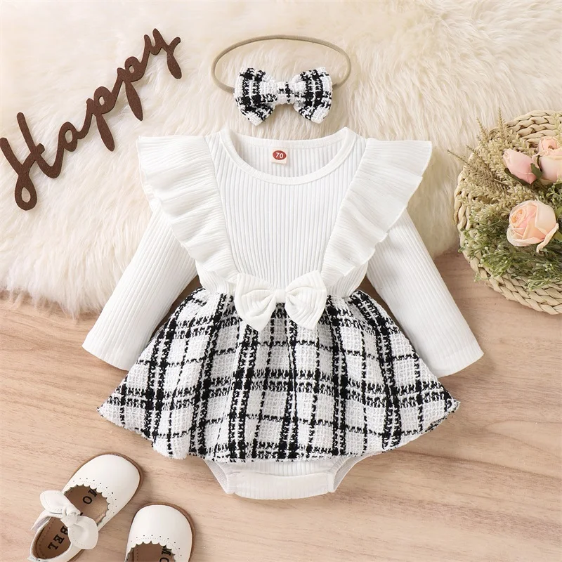 

Newborn Baby Girl Romper Dress Ruffle Long Sleeve Ribbed Knit Overall Skirt Headband Infant Fall Winter Clothes