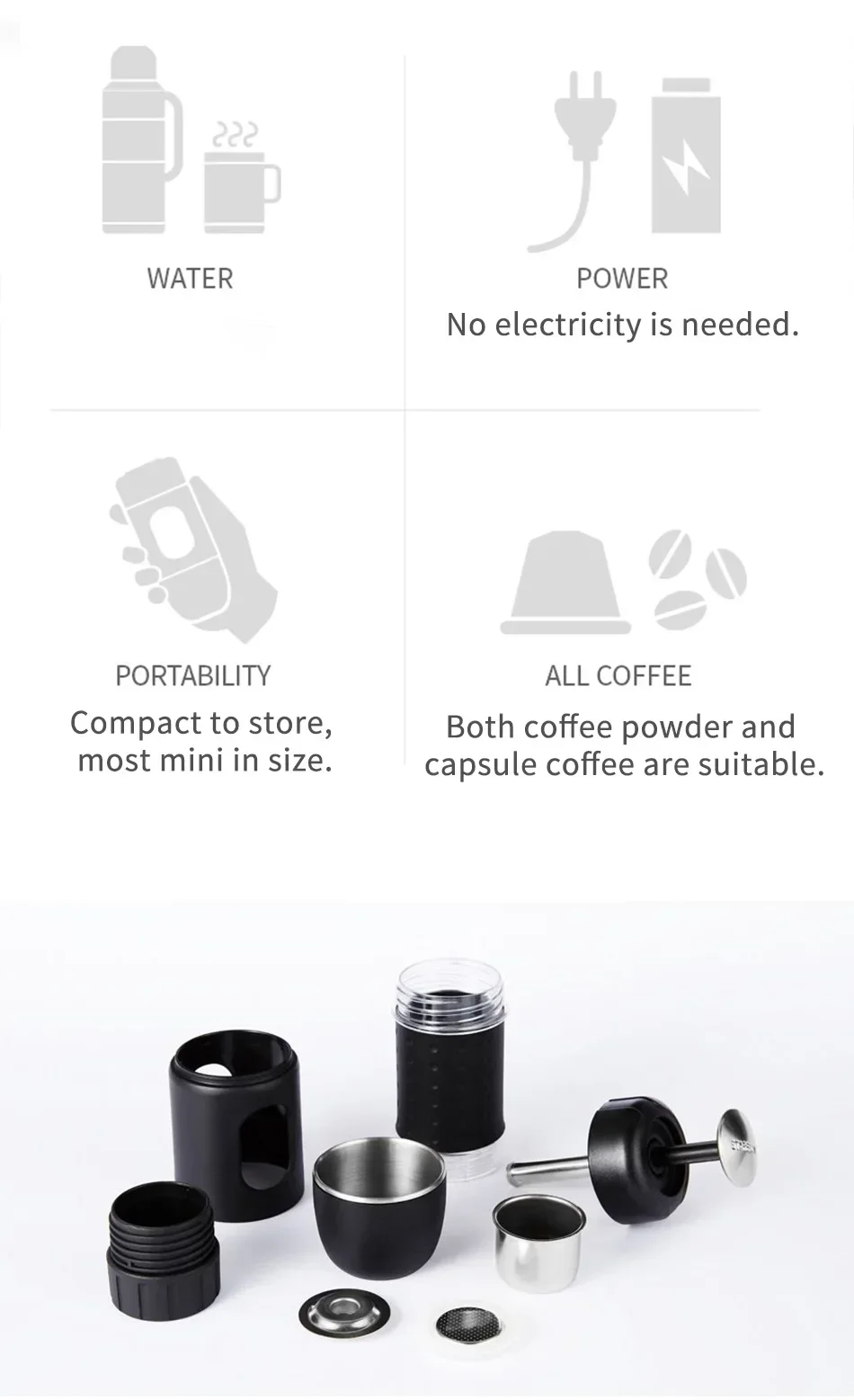 Description Picture 6 of itemSTARESSO SP200 MINI Multifunctional Coffee Machine Manual Coffee Machine Manual Capsule/Coffee Powder Portable Outdoor