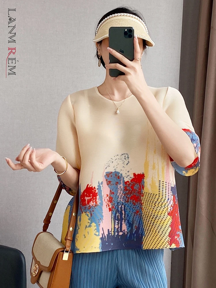 

LANMREM Pleated Floral Print Half Sleeve T-shirt Women Loose Pullover Round Collar Top 2024 Summeer Female New Clothing 2I726