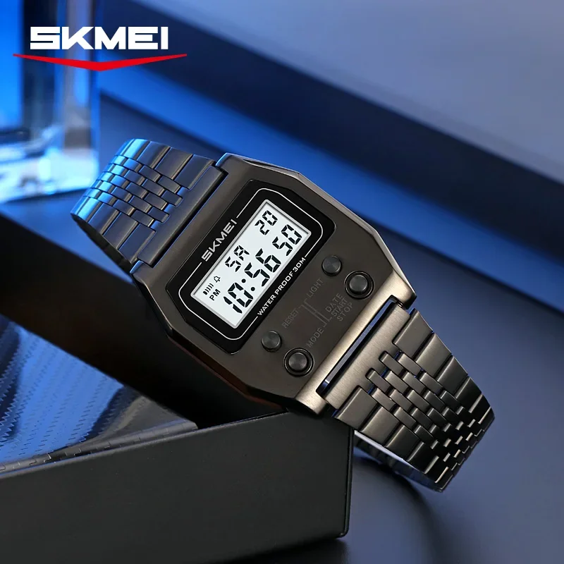 รูปสินค้า นาฬิกาผู้ชาย SKMEI 2460 สไตล์เรโทร สายสแตนเลส กันน้ำ ไฟ LED ดิจิตอล