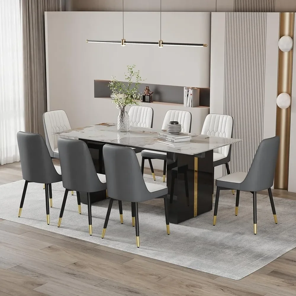 71'' Kitchen Table Set for 8，8 Chairs Dining Table Set, Dining Faux Marble Set for 8 with PU Leather Chairs