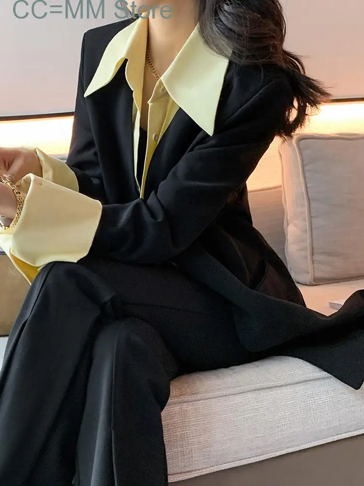 New Fashion Spliced Blazer Coat Women's Notched Long Sleeves Single Button Belt Coats Female Clothes Spring