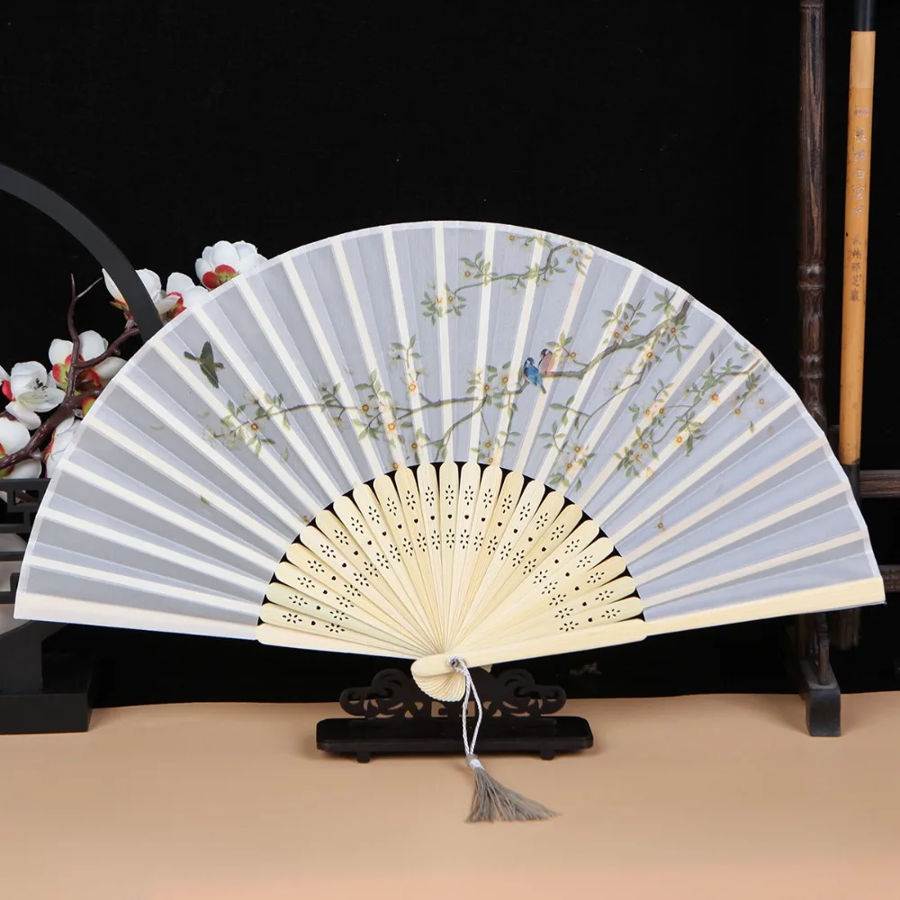 Folding Fan Hand Fan Silk Fans Bamboo Chinese Style Folding Fan Vintage Silk Shank Classical Dance Tassel For Female Home Decor