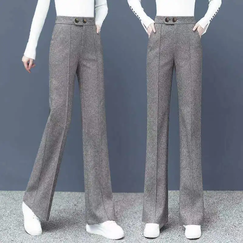 Big Size Thick Wool Blend Straight Pants Korean Style Woolen Wide Leg Pants Womens Winter Casual New High Waist Loose Trousers
