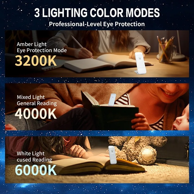 USB Rechargeable Book Light Brightness Adjustable for Eye-Protection LED Clip on Portable Bookmark Light