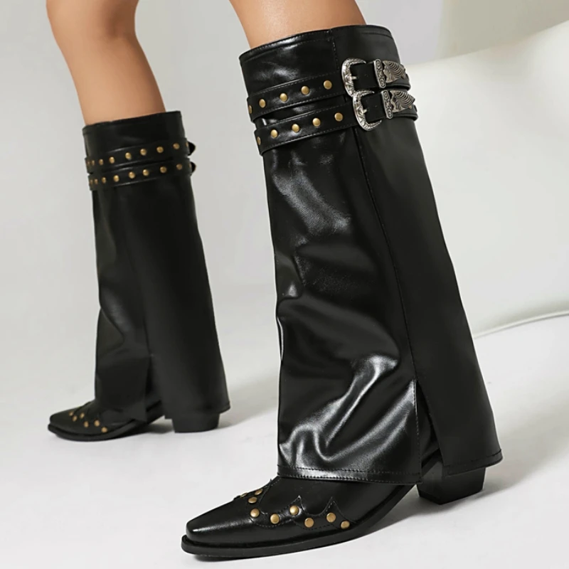 Knee High Boots for Women New Trends Turned-over Edge Winter Black Cowboys Riding Boot Rivets Footwear Shoes Lady Big Size