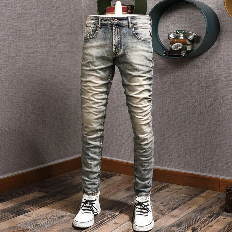 Italian Style Fashion Men Jeans Retro Stretch Slim Fit Ripped Jeans Men Vintage Designer Winter Velvet Warm Denim Pants Hombre