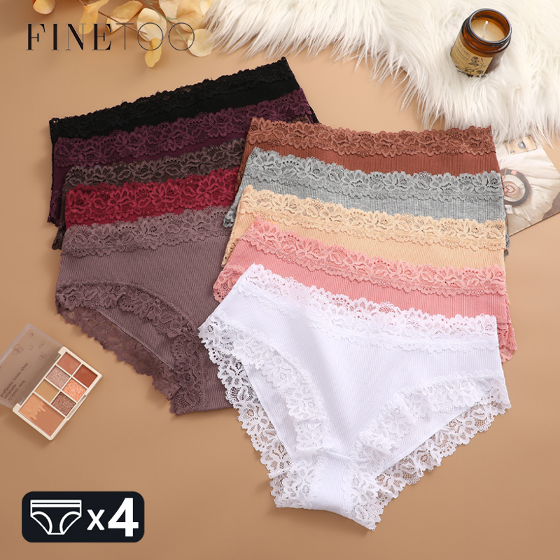 FINETOO 4Pcs Cotton Ribbed Striped Underwear Women's Lace Panties Sexy Floral Comfortable Briefs Low-Waist Breathable Lingerie