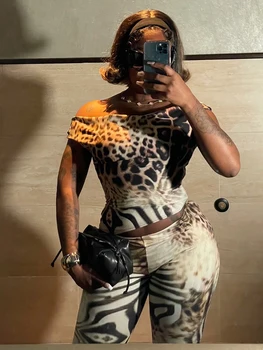 Weird Puss Leopard Print Fashion 2 Piece Set Women Slash Neck Backless Top+Skinny Peach Hip Crop Pants Hottie Hipster Streetwear 1