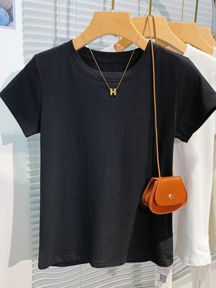 AOSSVIAO 2025 تي شيرت نسائي صيفي 100% قطن قاع أساسي عصري سادة سيدة قصيرة الأكمام بلايز قمصان 4