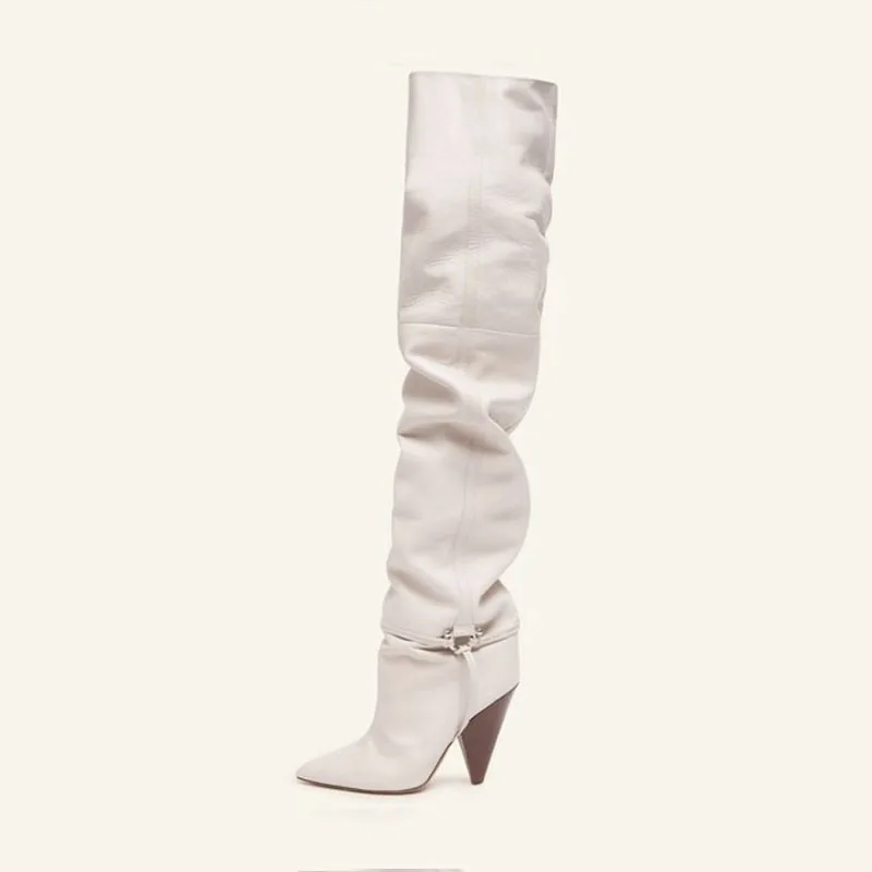 

Spliced Lace Sleeve Ultra High New Roman Fashion Over Knee Boot Tip Metal Style European and American Heel Buckle Boot Heel
