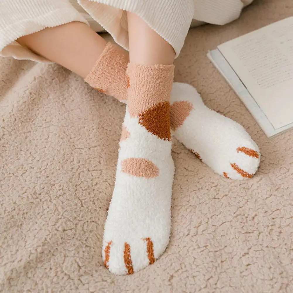 Herbst Winter Korallen Samt Socken Lustige Nette Stil Tier Katze Pfote Cartoon-Muster Frauen Baumwolle Socken Hause Boden Socken – Detail 4