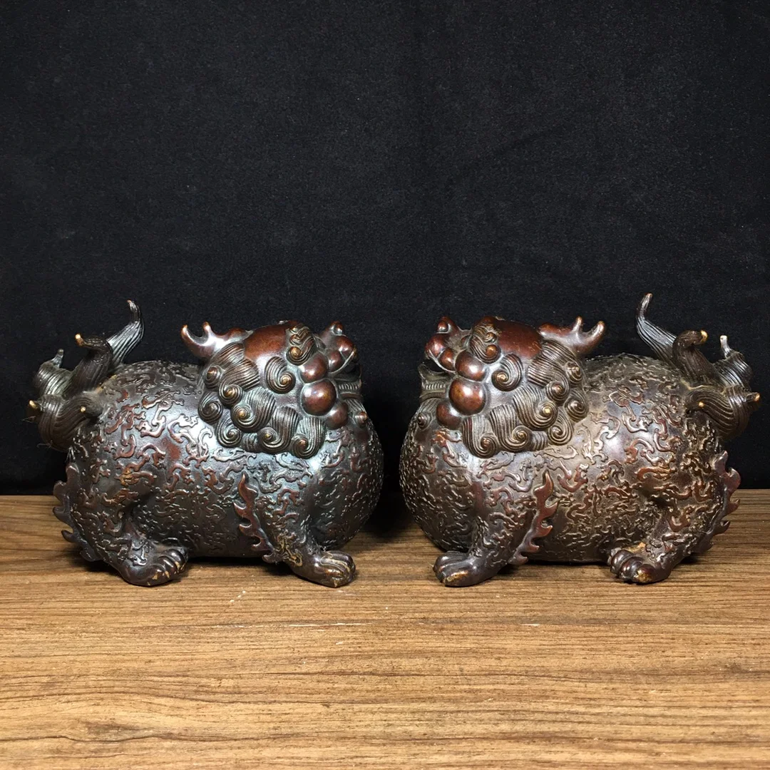 

6"Tibetan Temple Collection Old Bronze Cinnabar Mud gold Brave Troops Unicorn Pixiu StatueBeast A Pair Town House Exorcism