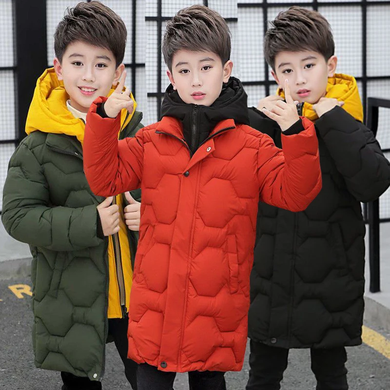 

2023 New Big Size Very Keep Warm Winter Boys Jacket Long Style Thickening Patchwork Hooded Cotton Coat For Kids