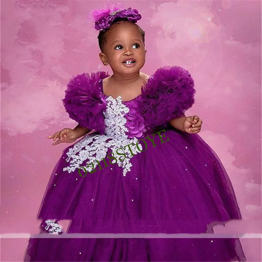 purpletチュールニーレングスプリンセスドレス、フラワーガールドレス、かわいい赤ちゃんの女の子、誕生日パーティー