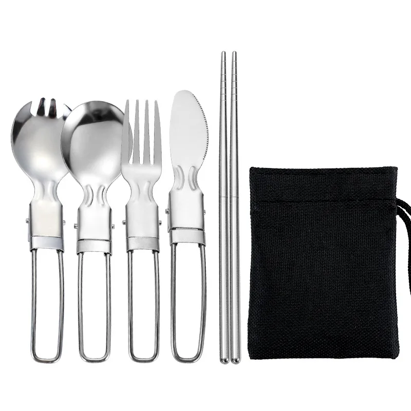 304 stainless steel folding cutlery set, fold knife, fork, spoon, detachable chopsticks, outdoor camping portable tableware