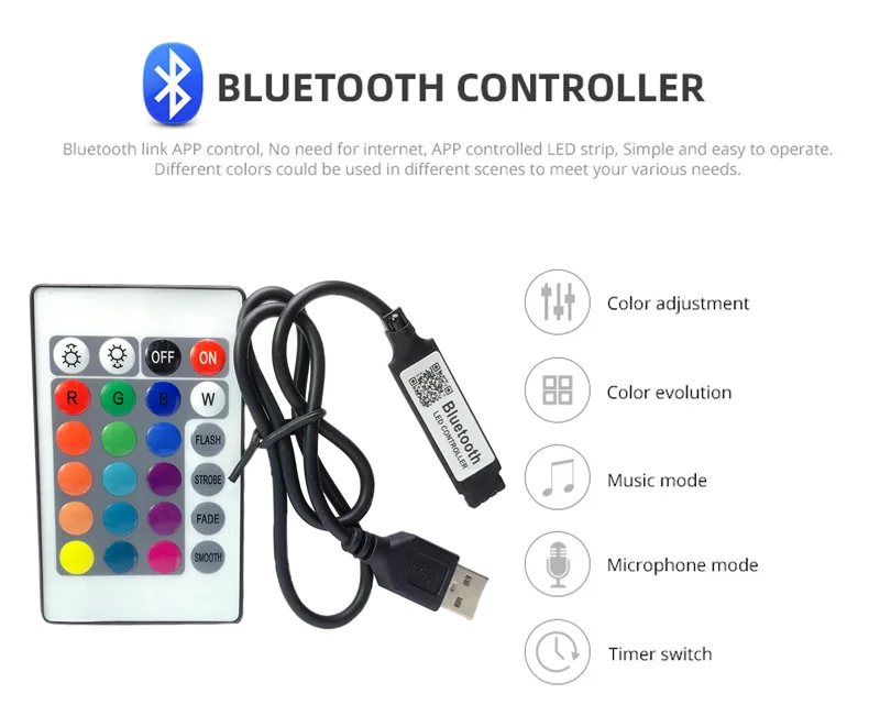 USB Bluetooth RGB LED Controller With 24Key IR Remote Music Timer Phone APP Control For 5V 2835 3528 5050 SMD COB TV Strip Light S05c158444506460e8da4fa9060620476r