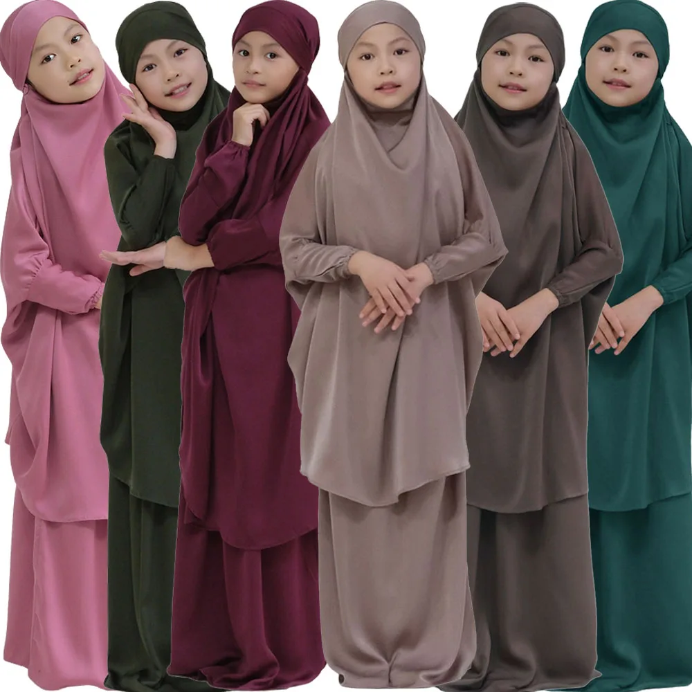 2-St-ck-muslimische-Kinder-M-dchen-Overhead-Hijab-Kleid-Abaya-Set ...