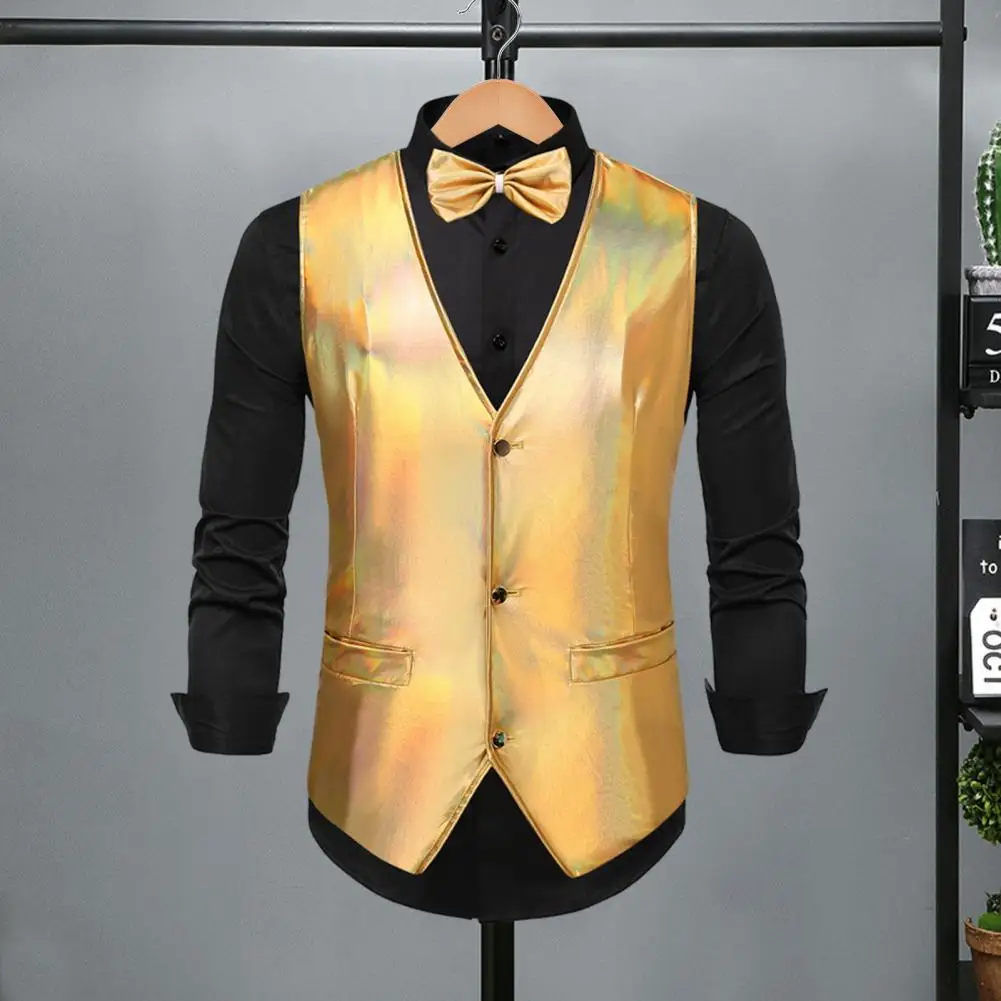 

Cool Men Vest Retro Disco Men's Vest Bow Tie Set for Groom Wedding Party Glossy V Neck Waistcoat with Adjustable Back Buckle