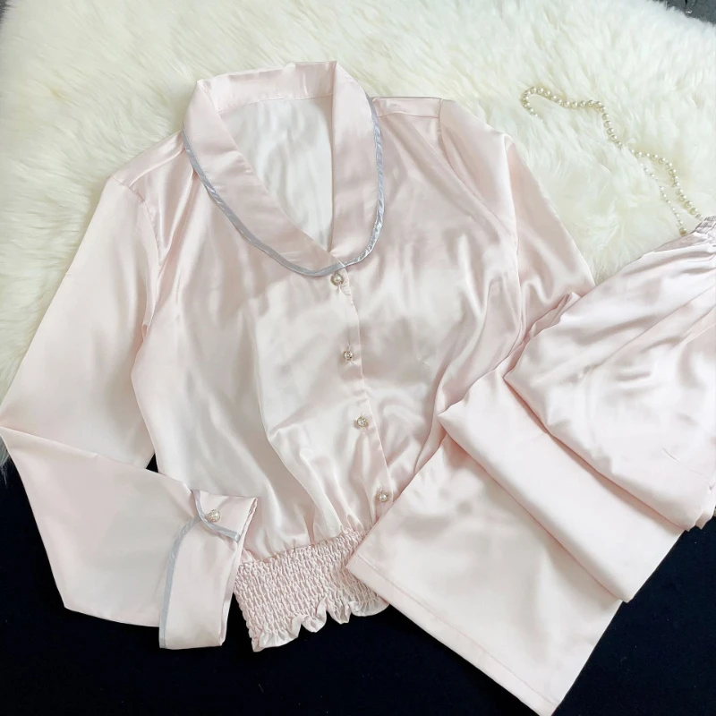 

2024 Pink Thin Ice Silk Pajama Suit Women's Summer High Quality Long sleeved Elastic Hem Top+Pants Can be Outworn Home Clothing