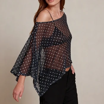 Womens Polka Dot Sheer Shawl Ponchos Cover-ups 2026 Summer Holiday Off Shoulder Cape Blouse Female Beachwear Tops 1