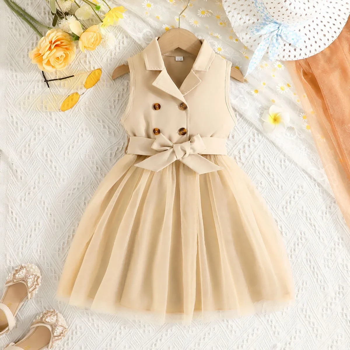 

2024 Summer Girls Dress Sleeveless Lapel Solid Shirtdress Gauze Patchwork A-line Princess Dresses Children's Casual Clothes