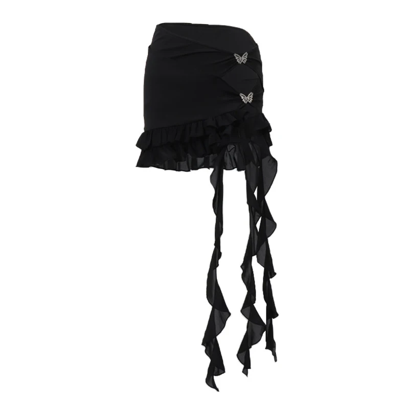 y2k Skirt Women Coquette Clothes Solid Color Low Waist Butterfly Ruffle Trim Mini Skirt 2000s Party Skirts Streetwear _