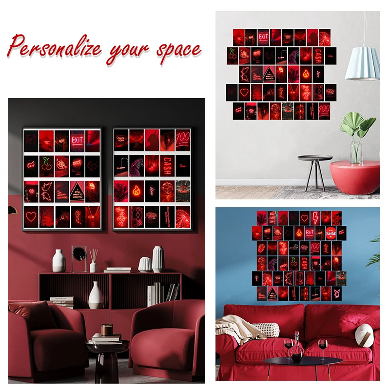 50Pcs Red Neon Print Poster Collage Cards Set Retro Cardboard Red Neon Wall Collage Poster Decor for Home Bar Bedroom Dormitory
